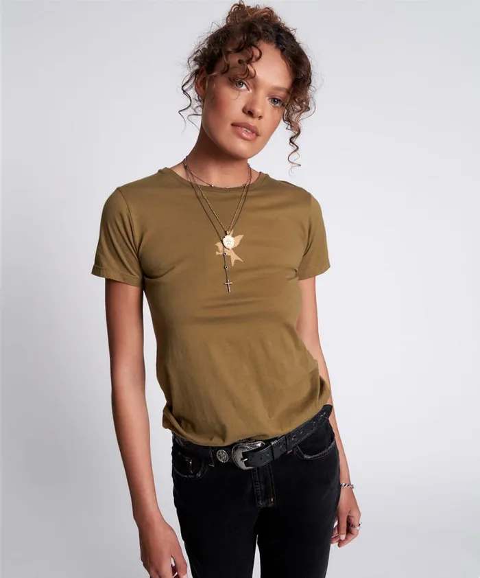 Women KHAKI BOWER BIRD ORGANIC FITTED TEE One Teaspoon Basic Tees
