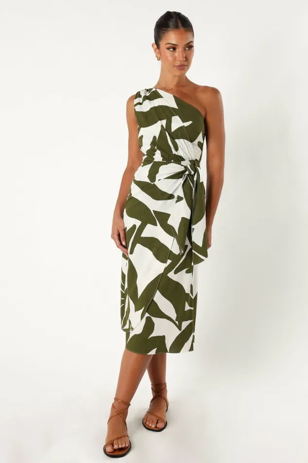 Women Linen Dresses Petal and Pup Zara One Shoulder Midi Dress Olive Palm