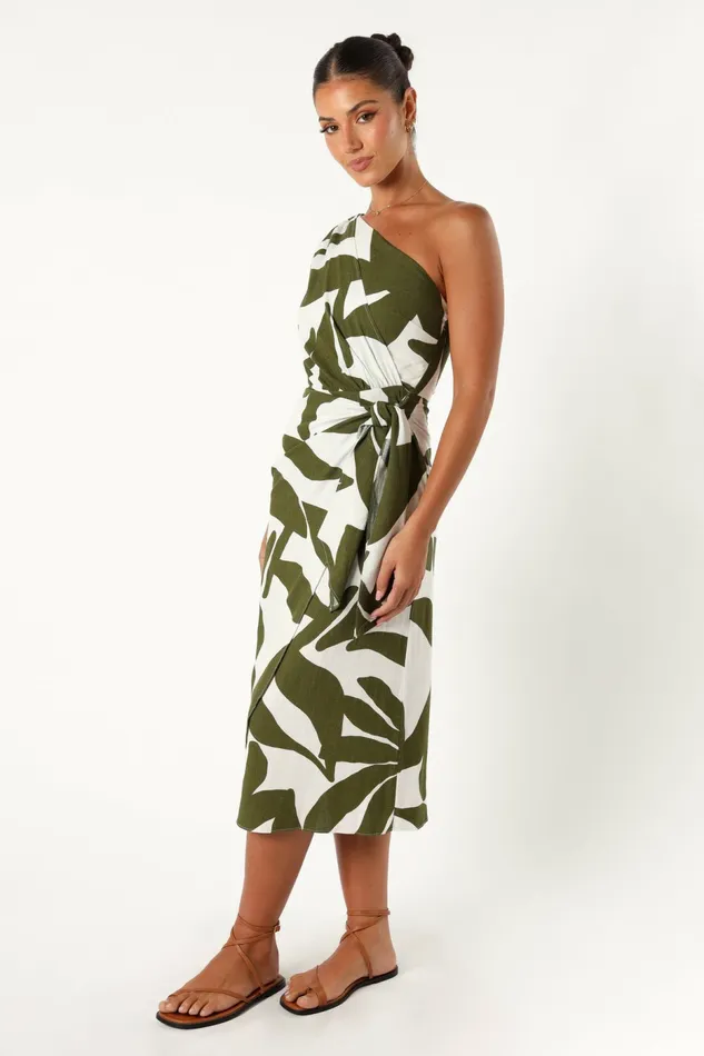 Women Linen Dresses Petal and Pup Zara One Shoulder Midi Dress Olive Palm