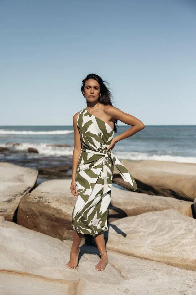 Women Linen Dresses Petal and Pup Zara One Shoulder Midi Dress Olive Palm