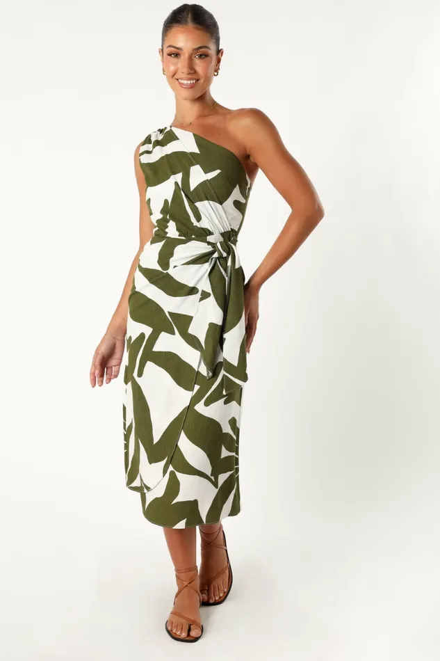 Women Linen Dresses Petal and Pup Zara One Shoulder Midi Dress Olive Palm