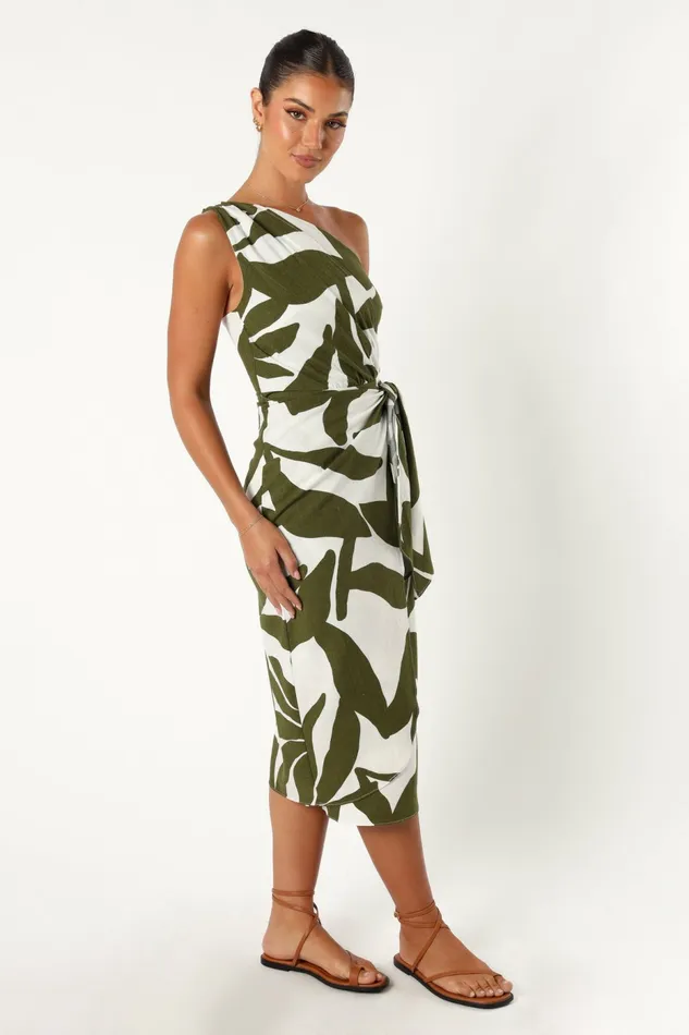 Women Linen Dresses Petal and Pup Zara One Shoulder Midi Dress Olive Palm