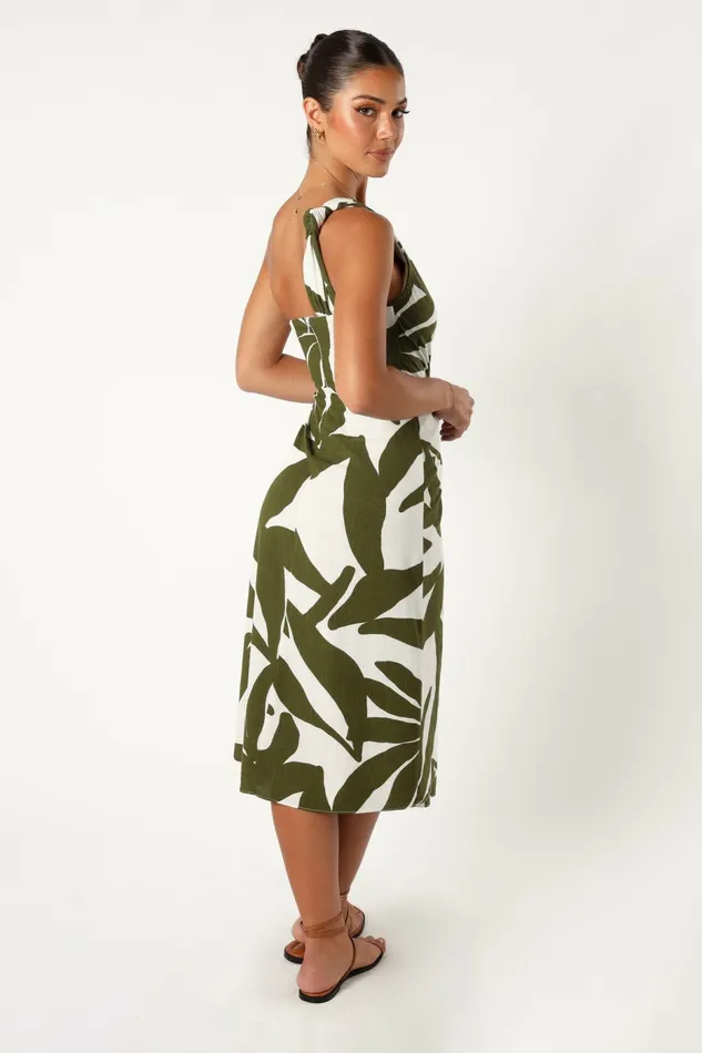 Women Linen Dresses Petal and Pup Zara One Shoulder Midi Dress Olive Palm