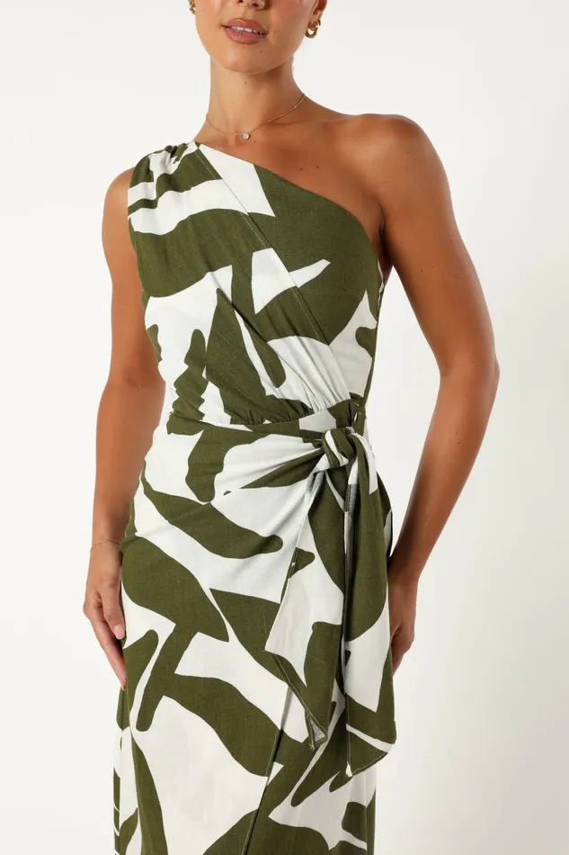 Women Linen Dresses Petal and Pup Zara One Shoulder Midi Dress Olive Palm