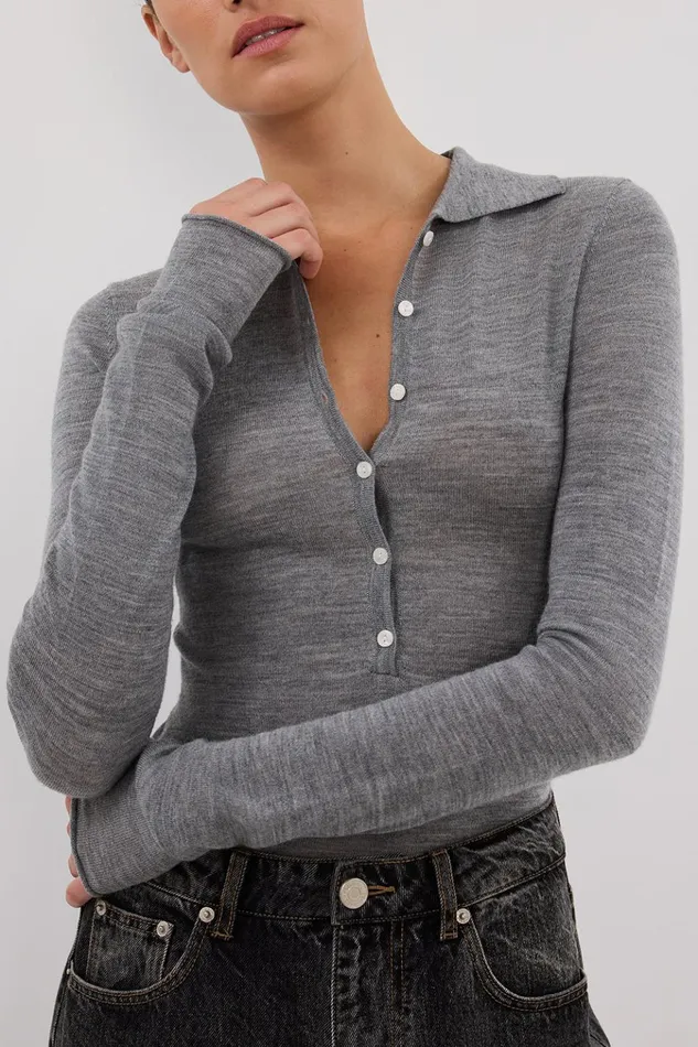 Women Long Sleeved DISSH JANE SILVER MARLE MERINO POLO TOP
