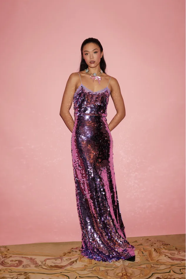 Women LoveShackFancy Dresses Anora Sequin Gown Bright Orchid