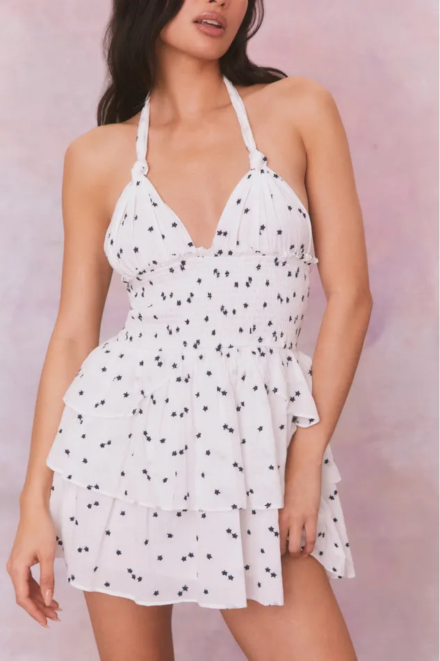Women LoveShackFancy Dresses Deanna Star Print Cotton Halter Mini Dress Ivory Starlight