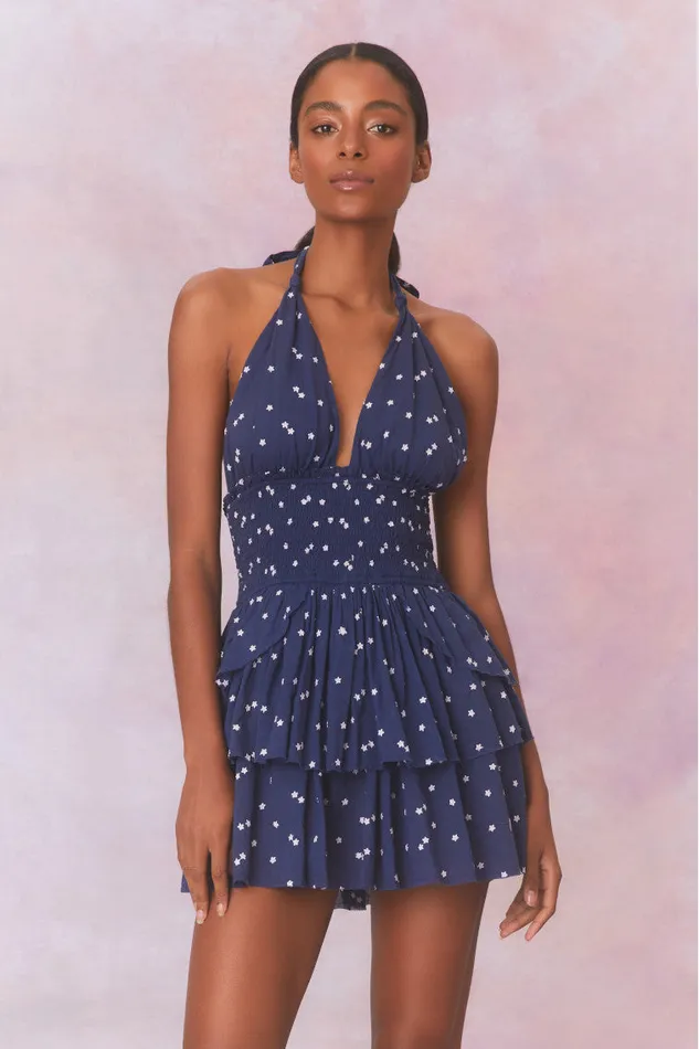Women LoveShackFancy Dresses Deanna Star Print Cotton Halter Mini Dress Navy Nightfall Women LoveShackFancy Dresses Deanna Star Print Cotton Halter Mini Dress Navy Nightfall