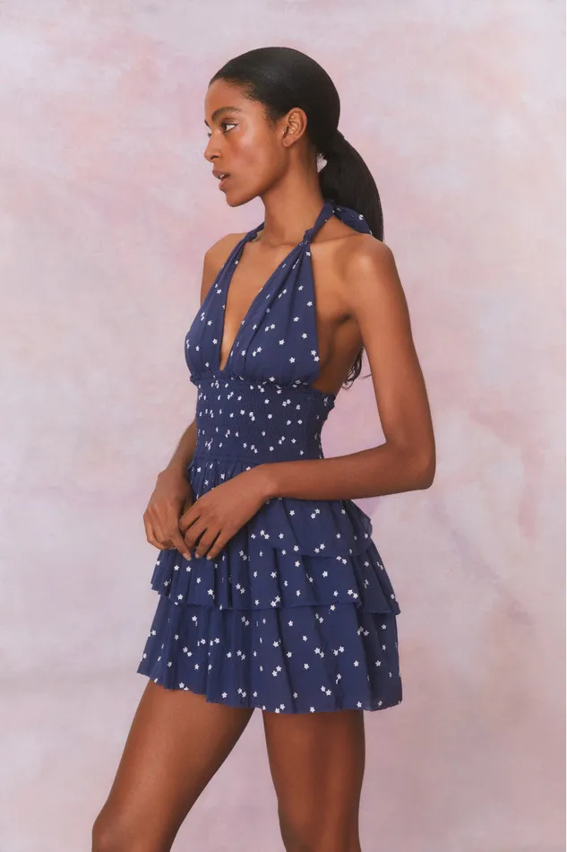Women LoveShackFancy Dresses Deanna Star Print Cotton Halter Mini Dress Navy Nightfall Women LoveShackFancy Dresses Deanna Star Print Cotton Halter Mini Dress Navy Nightfall