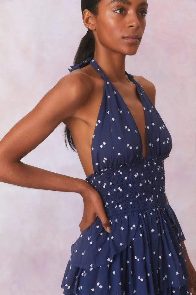 Women LoveShackFancy Dresses Deanna Star Print Cotton Halter Mini Dress Navy Nightfall Women LoveShackFancy Dresses Deanna Star Print Cotton Halter Mini Dress Navy Nightfall