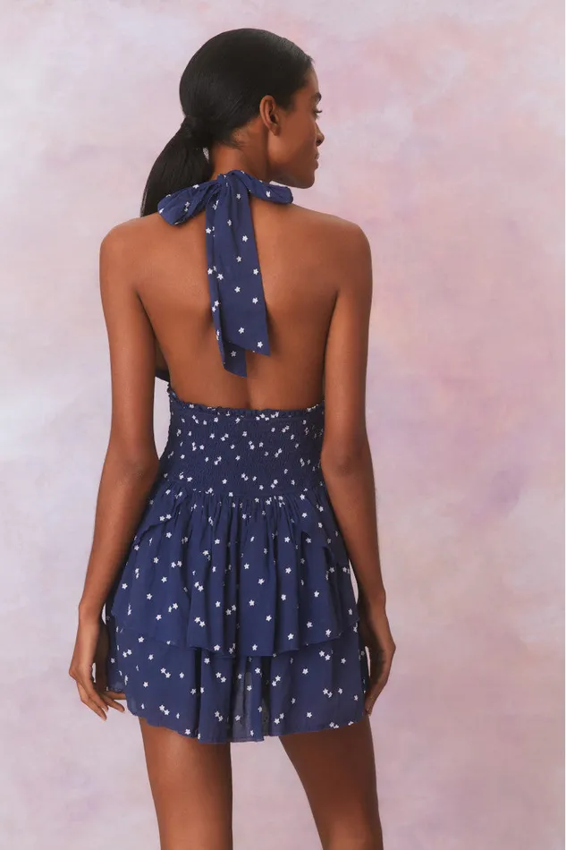 Women LoveShackFancy Dresses Deanna Star Print Cotton Halter Mini Dress Navy Nightfall Women LoveShackFancy Dresses Deanna Star Print Cotton Halter Mini Dress Navy Nightfall