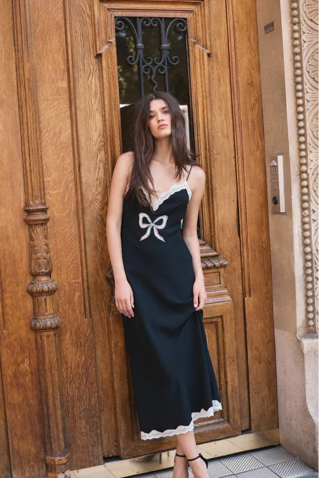 Women LoveShackFancy Dresses Manuela Bow Slip Maxi Dress Black
