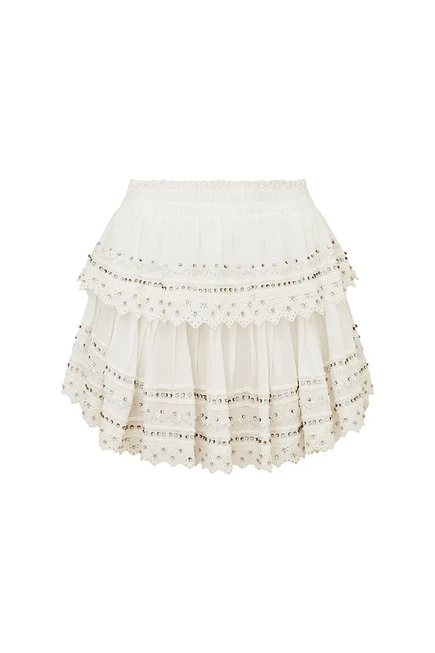 Women LoveShackFancy Skirts Ruffle Mini RhinestoneStudded Skirt White