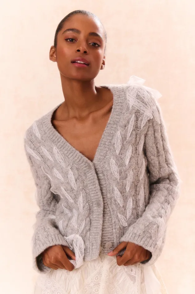 Women LoveShackFancy Sweaters Louella Wool Knit Cardigan Silver Mist