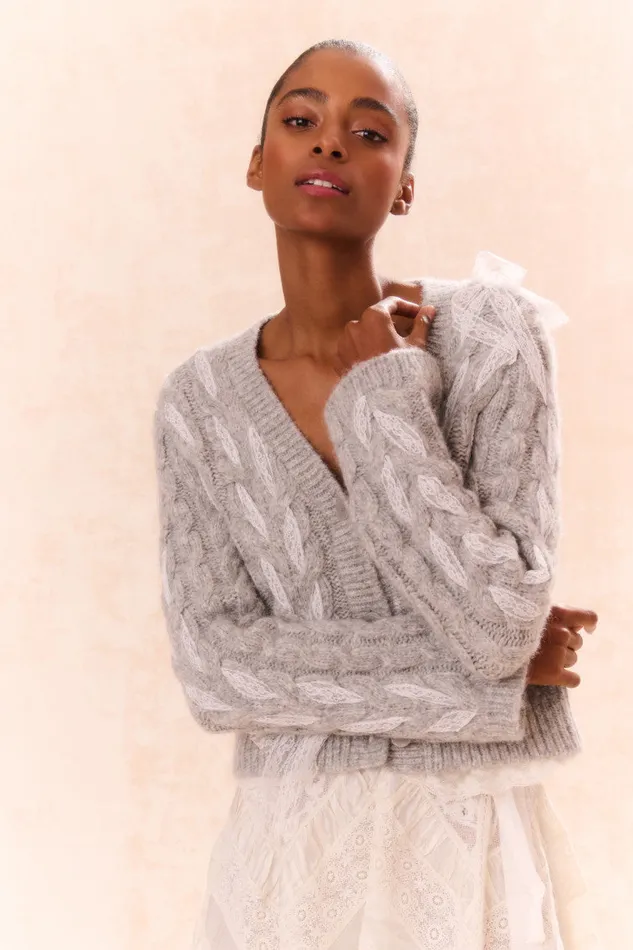 Women LoveShackFancy Sweaters Louella Wool Knit Cardigan Silver Mist