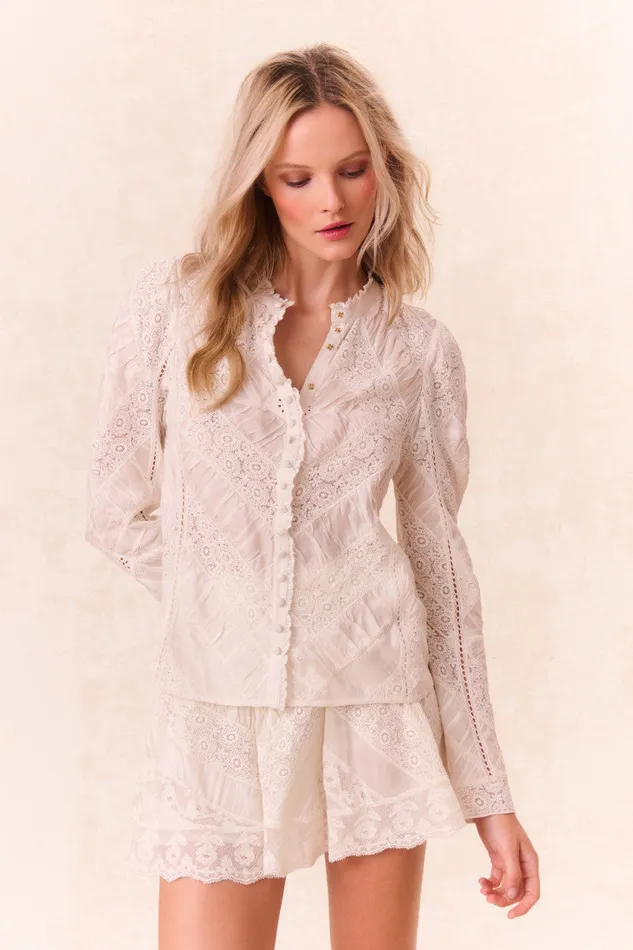Women LoveShackFancy Tops Isaline Button Down Lace Top Off White