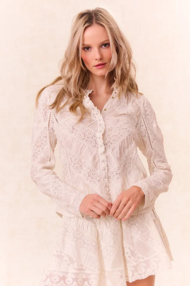 Women LoveShackFancy Tops Isaline Button Down Lace Top Off White