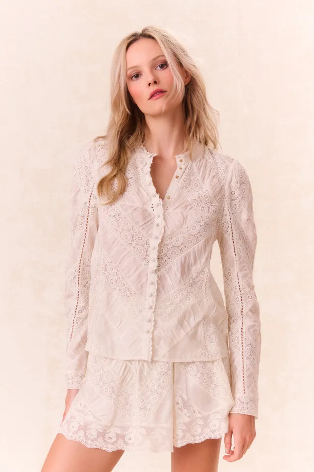 Women LoveShackFancy Tops Isaline Button Down Lace Top Off White