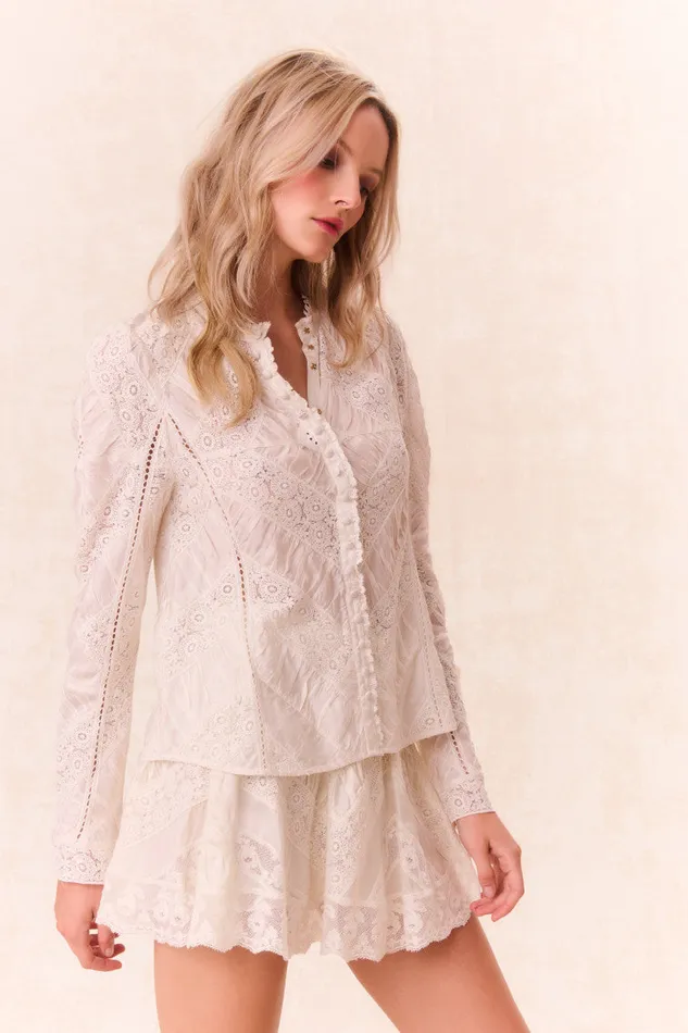 Women LoveShackFancy Tops Isaline Button Down Lace Top Off White