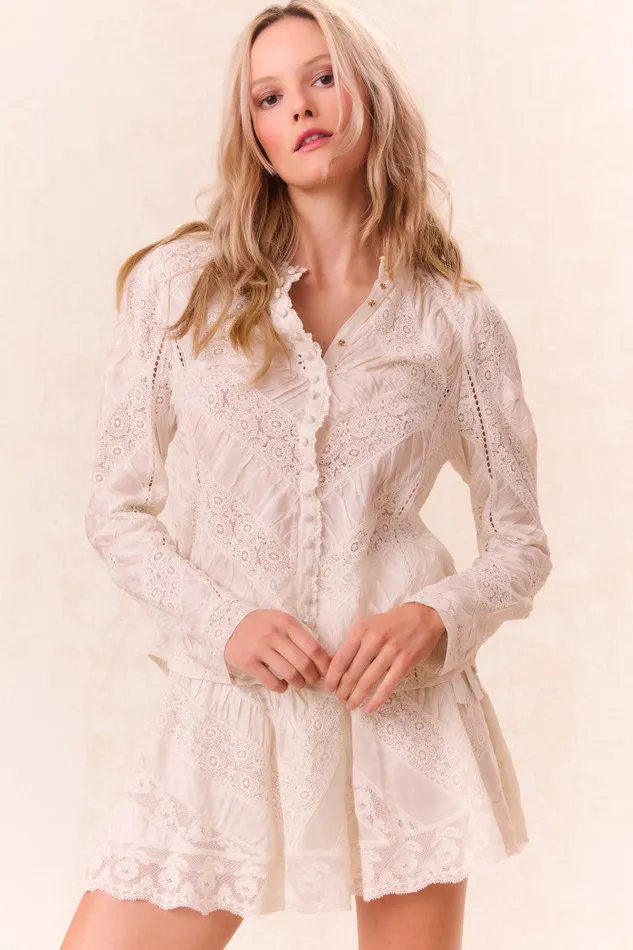 Women LoveShackFancy Tops Isaline Button Down Lace Top Off White