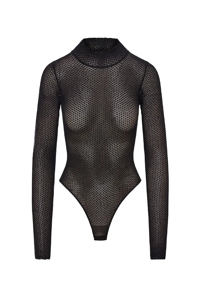 Women LoveShackFancy Tops Rosiers Sheer Long Sleeve Bodysuit Black