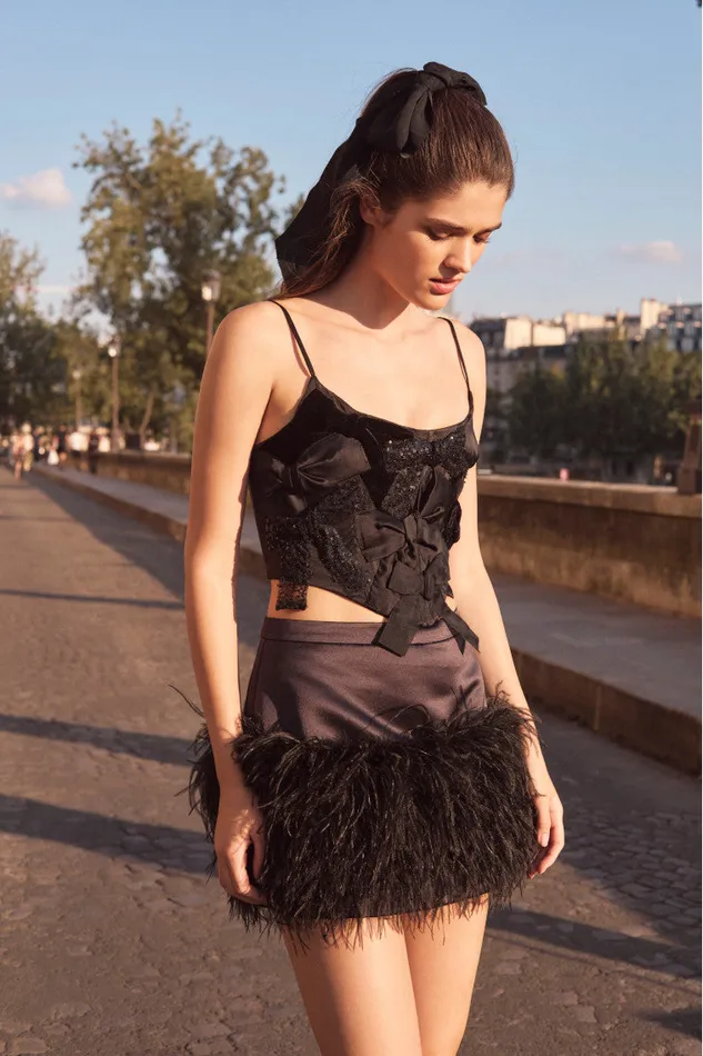 Women LoveShackFancy Tops Woodley Bow Bustier Top Black