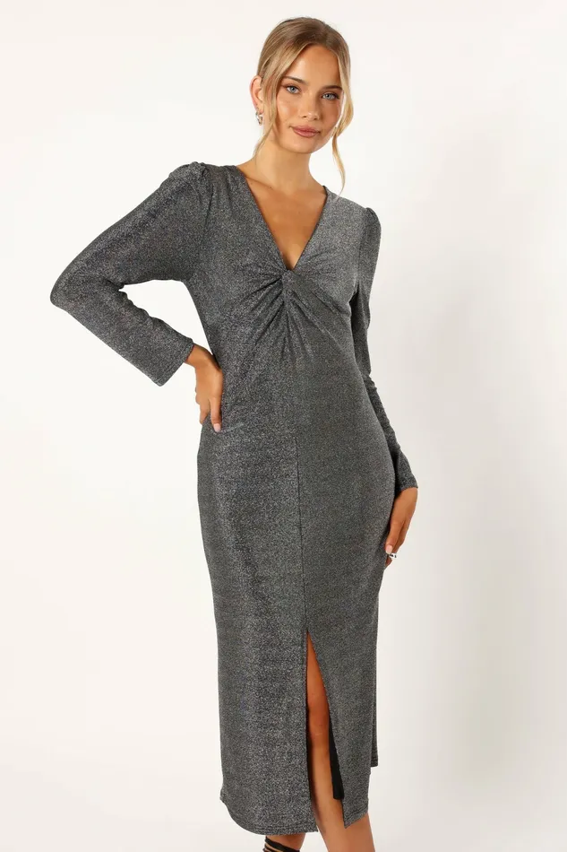 Women Luminate Long Sleeve Midi Dress Silver Long Sleeve Dresses Petal and Pup