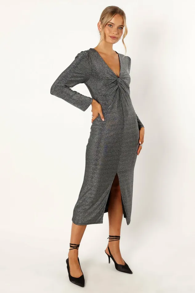 Women Luminate Long Sleeve Midi Dress Silver Long Sleeve Dresses Petal and Pup