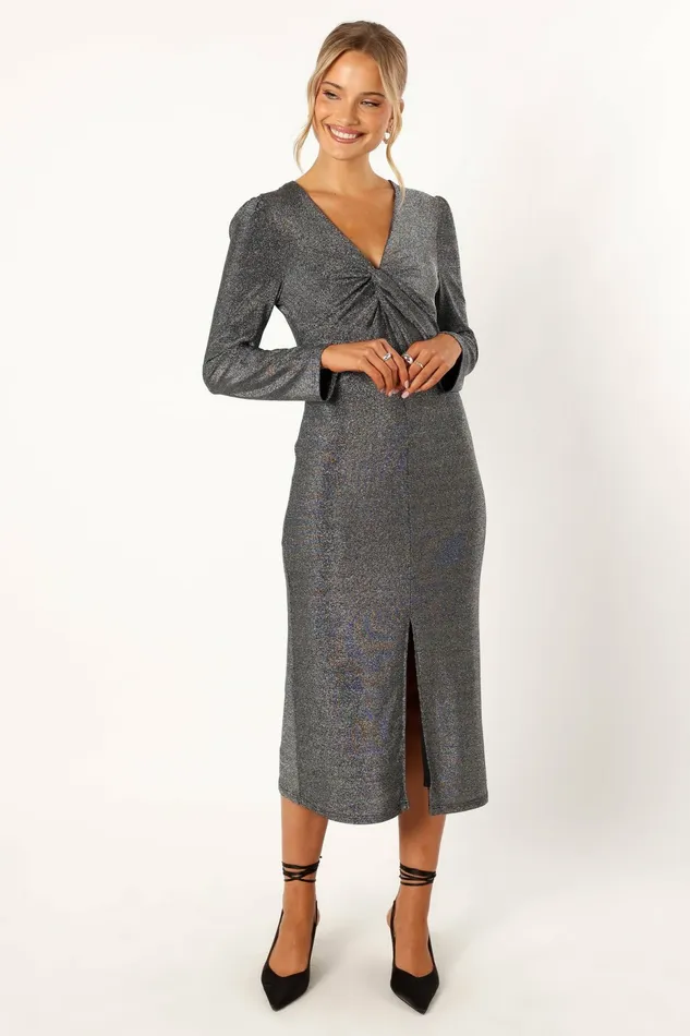 Women Luminate Long Sleeve Midi Dress Silver Long Sleeve Dresses Petal and Pup