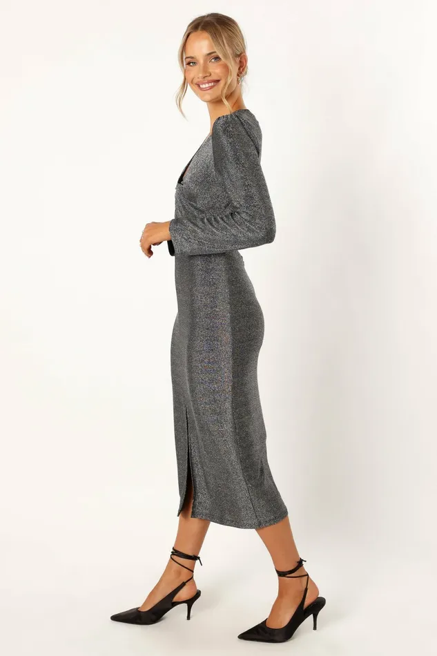 Women Luminate Long Sleeve Midi Dress Silver Long Sleeve Dresses Petal and Pup