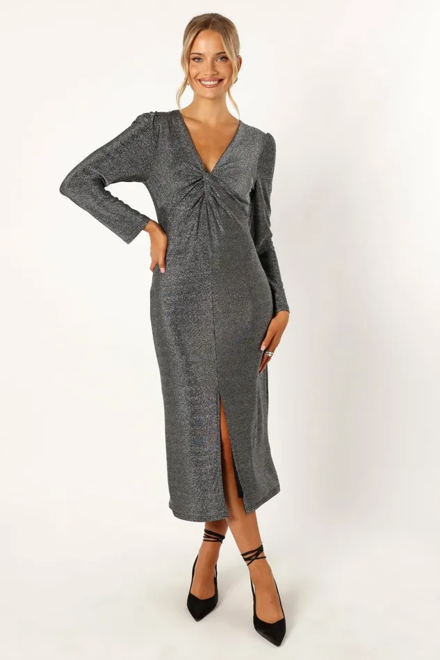 Women Luminate Long Sleeve Midi Dress Silver Long Sleeve Dresses Petal and Pup
