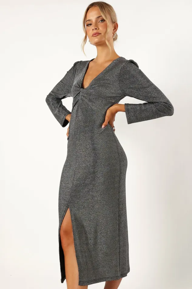 Women Luminate Long Sleeve Midi Dress Silver Long Sleeve Dresses Petal and Pup