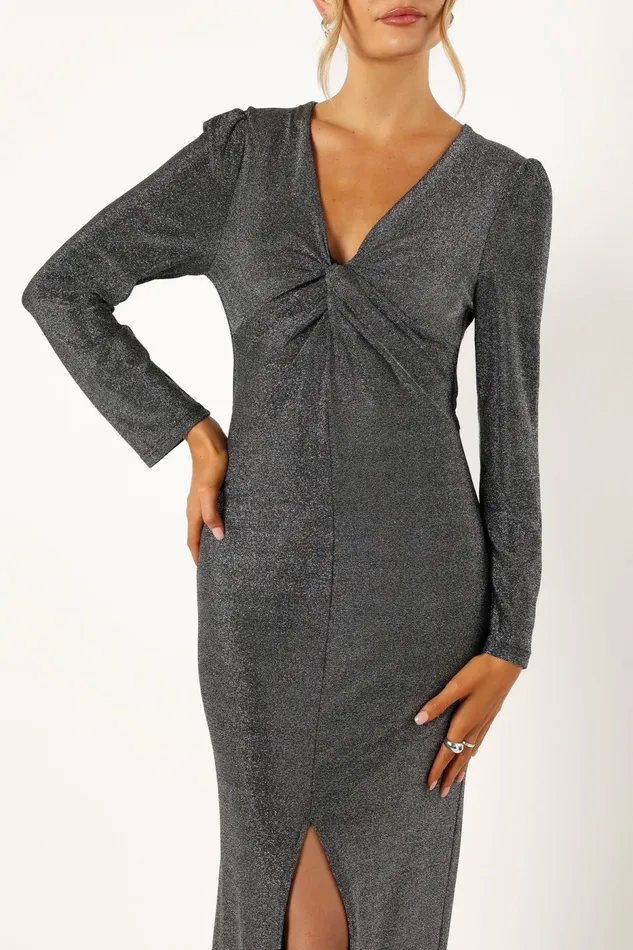 Women Luminate Long Sleeve Midi Dress Silver Long Sleeve Dresses Petal and Pup
