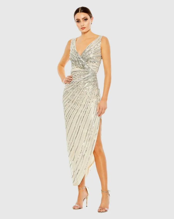 Women Mac Duggal Beige and Silver Sequined Faux Wrap Sleeveless Midi Dress Nude Silver Cocktail Dresses Women Mac Duggal Beige and Silver Sequined Faux Wrap Sleeveless Midi Dress Nude Silver Cocktail Dresses
