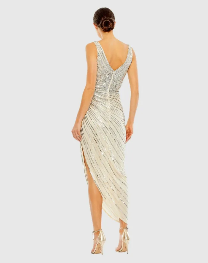 Women Mac Duggal Beige and Silver Sequined Faux Wrap Sleeveless Midi Dress Nude Silver Cocktail Dresses