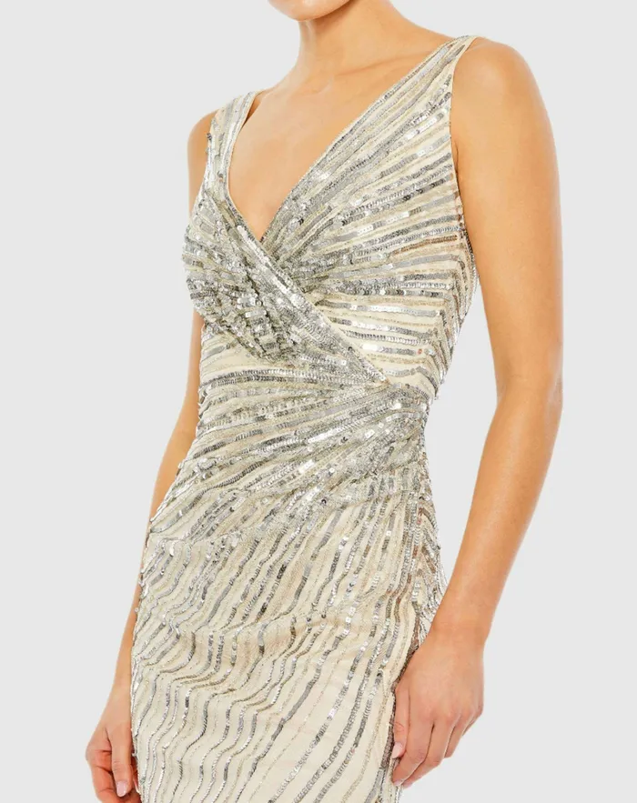 Women Mac Duggal Beige and Silver Sequined Faux Wrap Sleeveless Midi Dress Nude Silver Cocktail Dresses