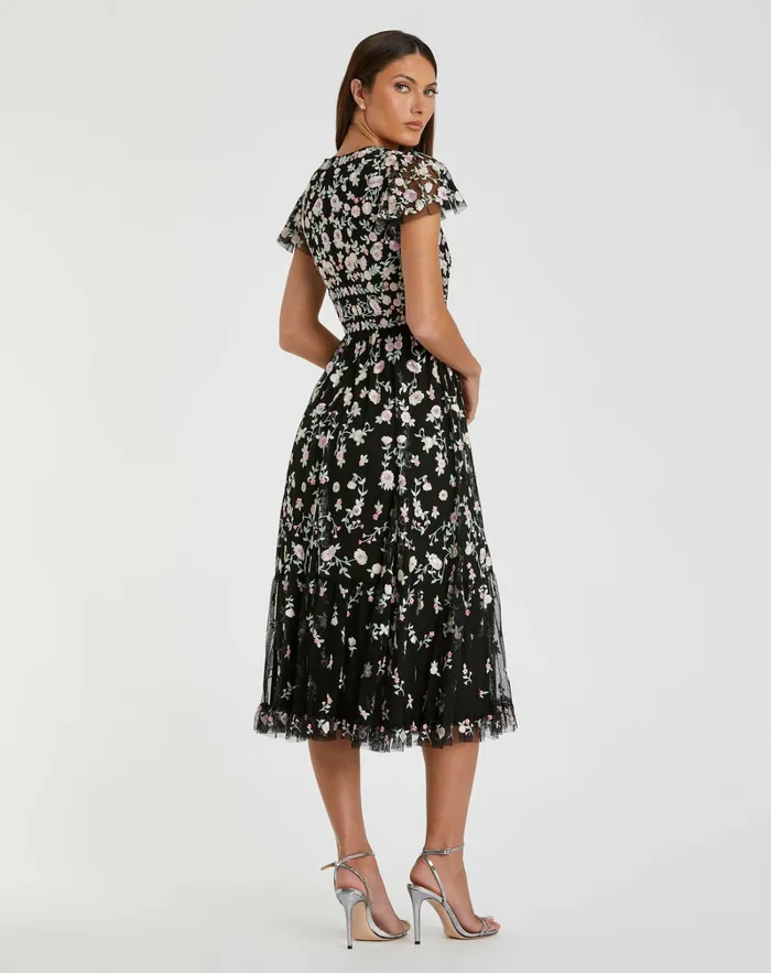 Women Mac Duggal Black Multicolor Embroidered V Neck Cap Sleeve Midi Dress Black Multi Cocktail Dresses