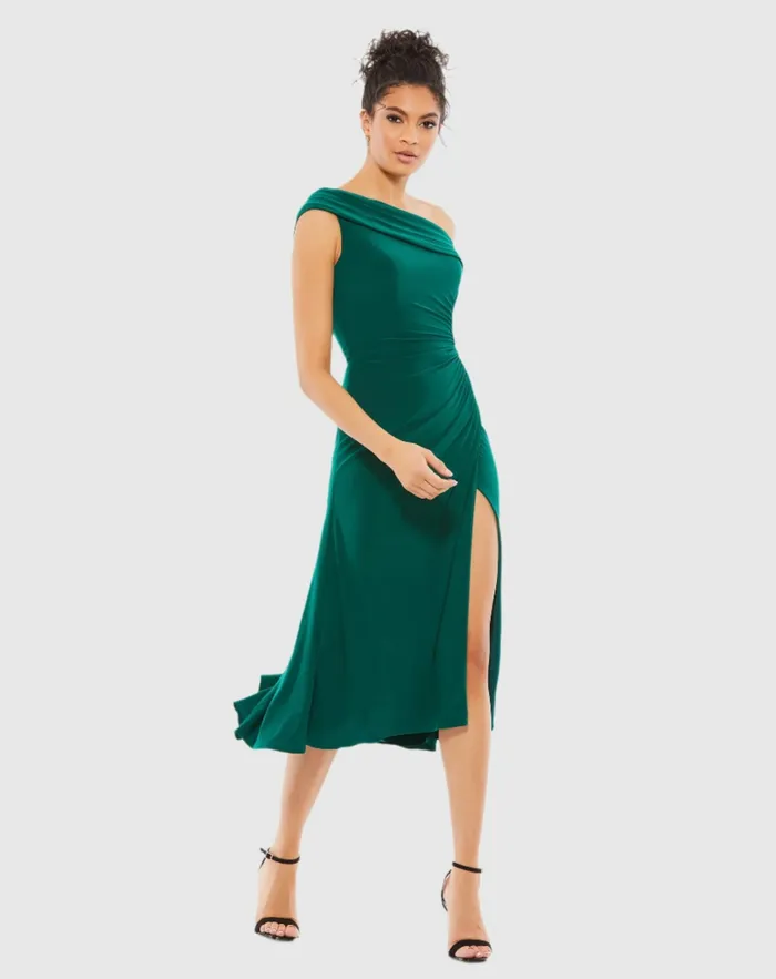 Women Mac Duggal Ruched OffTheShoulder Midi Dress Red Cocktail Dresses