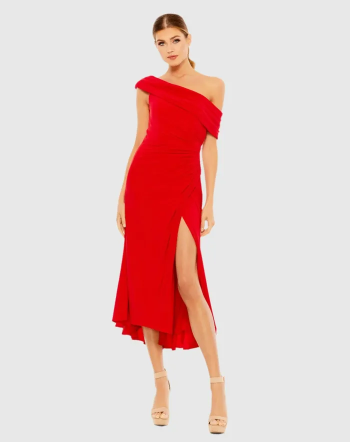 Women Mac Duggal Ruched OffTheShoulder Midi Dress Red Cocktail Dresses