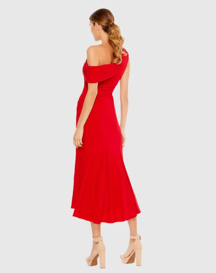 Women Mac Duggal Ruched OffTheShoulder Midi Dress Red Cocktail Dresses