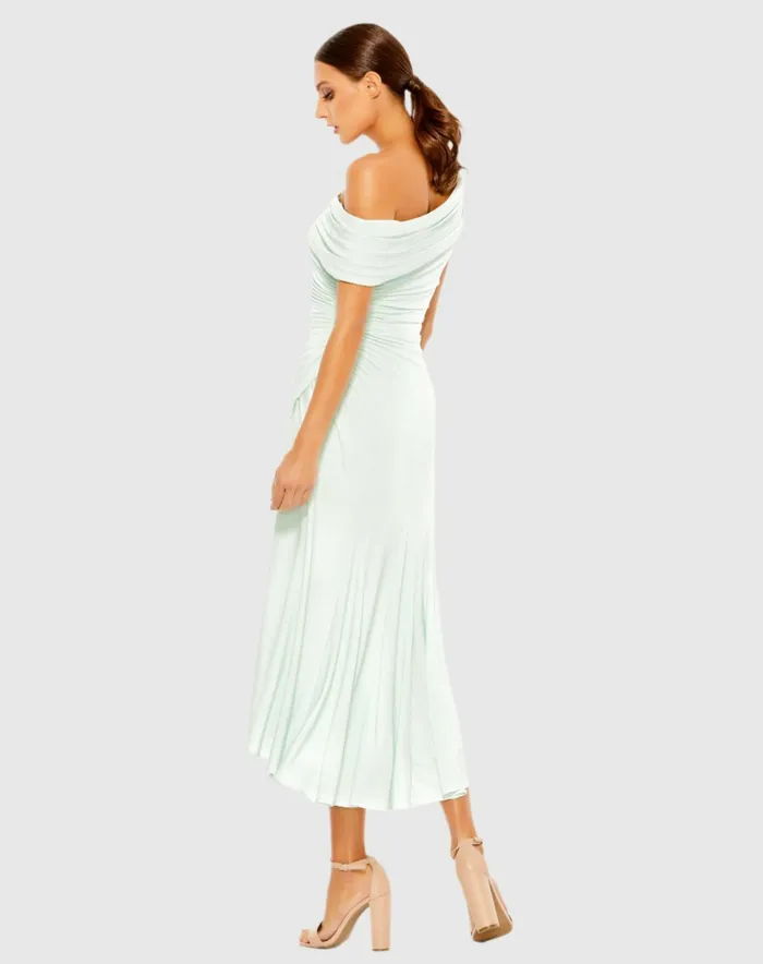Women Mac Duggal Ruched OffTheShoulder Midi Dress Red Cocktail Dresses