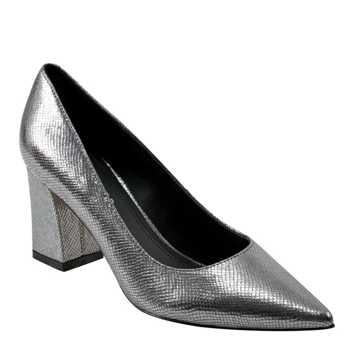 Women Marc Fisher Heels and Pumps Zala Block Heel Pointy Toe Pump Pewter Leather