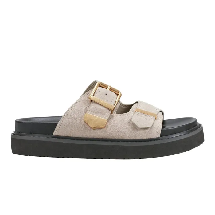 Women Marc Fisher Mules and Slides Amirra Buckle Slide Sandal Taupe Suede