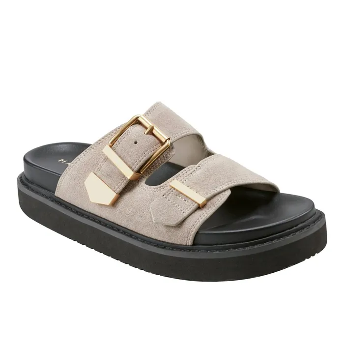 Women Marc Fisher Mules and Slides Amirra Buckle Slide Sandal Taupe Suede