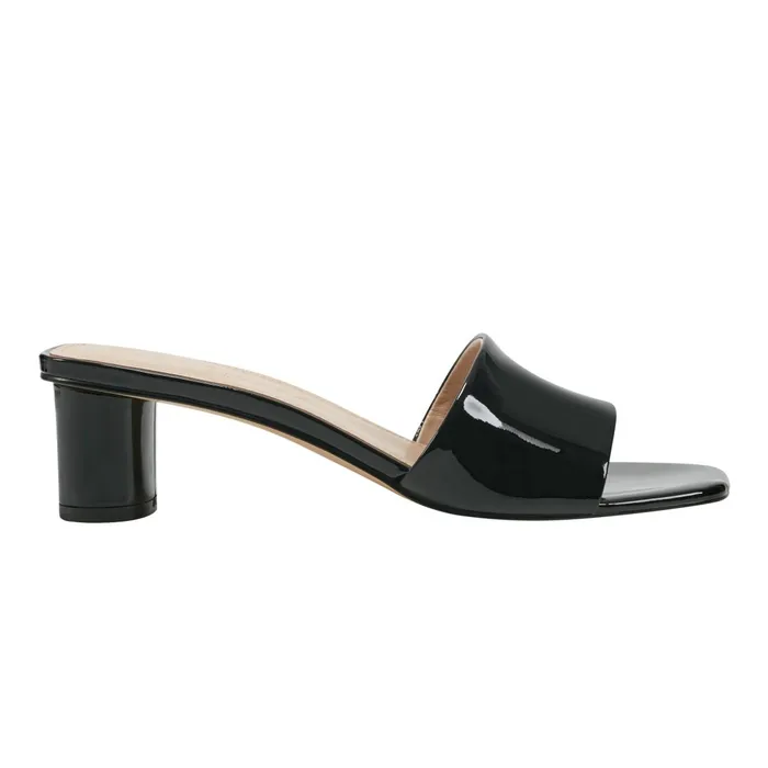 Women Marc Fisher Mules and Slides Nemmie Heeled Slide Sandal Black Patent Leather