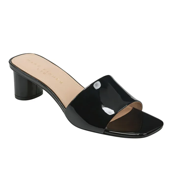 Women Marc Fisher Mules and Slides Nemmie Heeled Slide Sandal Black Patent Leather
