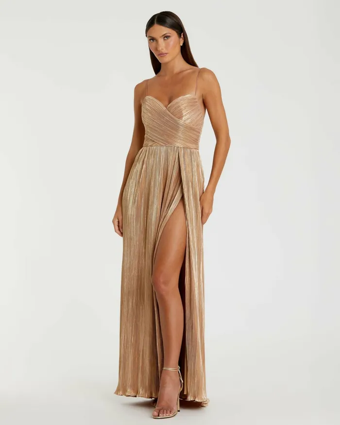 Women Metallic Ruched A Line Gown Gold Best Sellers Mac Duggal