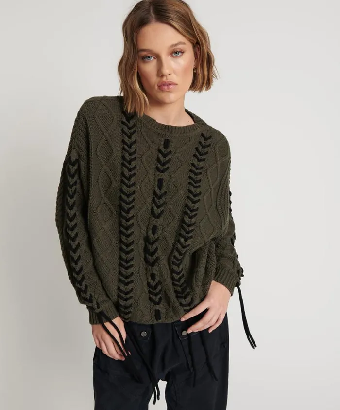 Women MILITARY KHAKI THREADED CABLE SWEATER One Teaspoon Knitwear