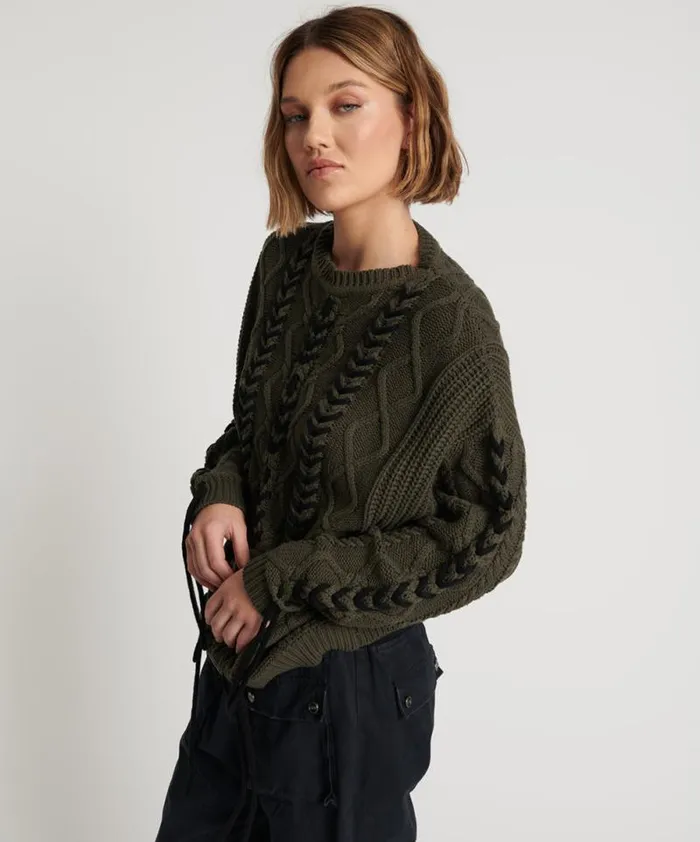 Women MILITARY KHAKI THREADED CABLE SWEATER One Teaspoon Knitwear