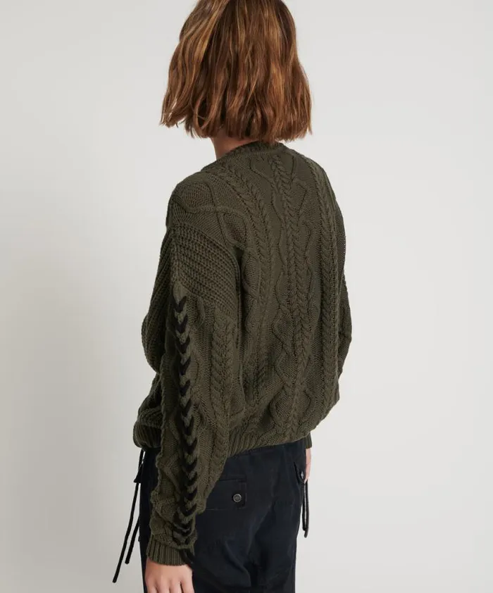 Women MILITARY KHAKI THREADED CABLE SWEATER One Teaspoon Knitwear